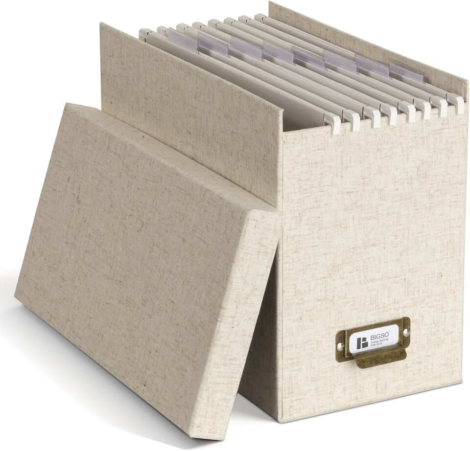 BIGSO JOHAN Hängeregisterbox A4 – Hängemappenbox mit Deckel und Griff – Schreibtischablage für Hängemappen & Dokumente – Aufbewahrungsbox aus recycelter Faserplatte und Papier – Leinen