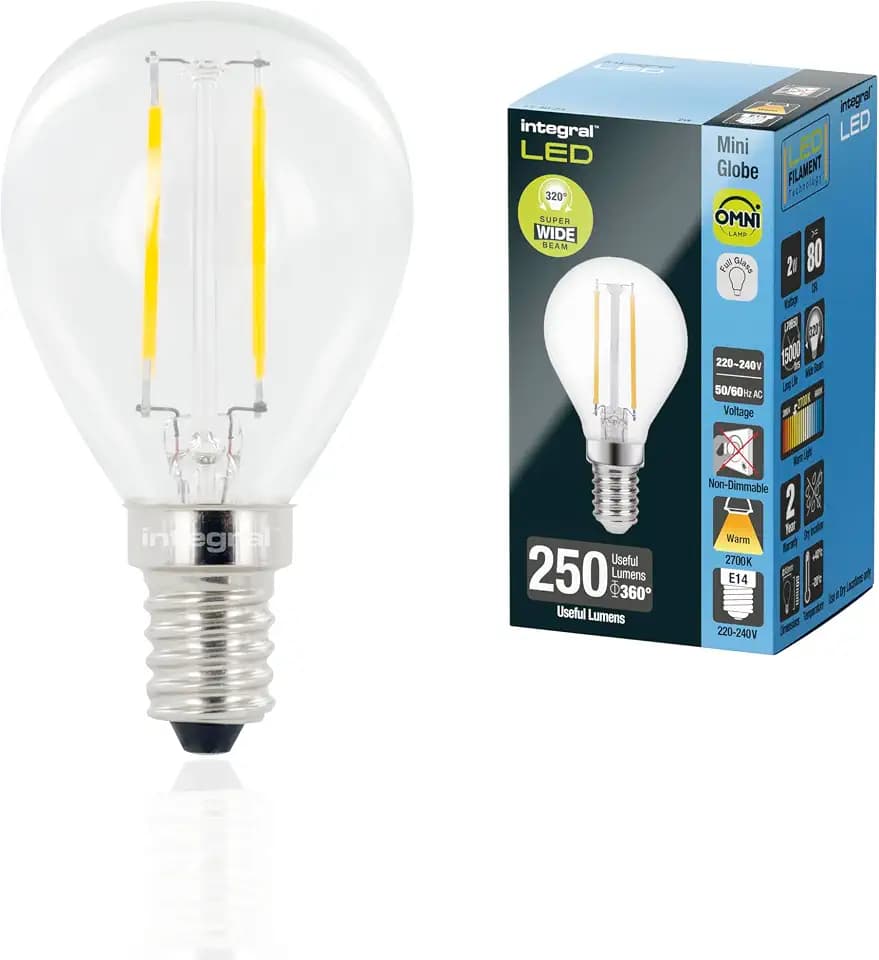 Integral LED E14 Omni-Filament Tropfen Warm 2700K, 250LM, 2W (entspricht 25W) Nicht dimmbare Lampe - 4 Packung - Energieeffizient. Für Schlafzimmer, Flur, Wohnzimmer & mehr