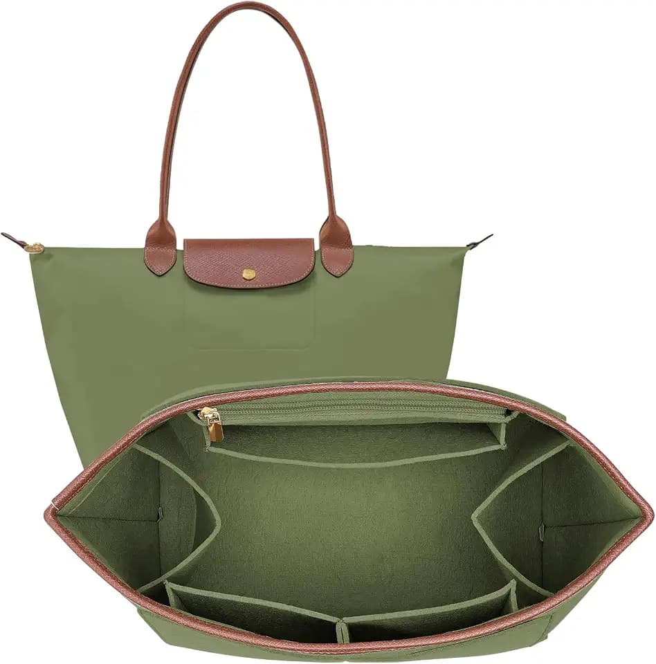 Felt Purse Organizer Insert for Longchamp Le Pliage L Bag Handbag Leather edge Longchamp Organizer Insert (Olive Green, Small)