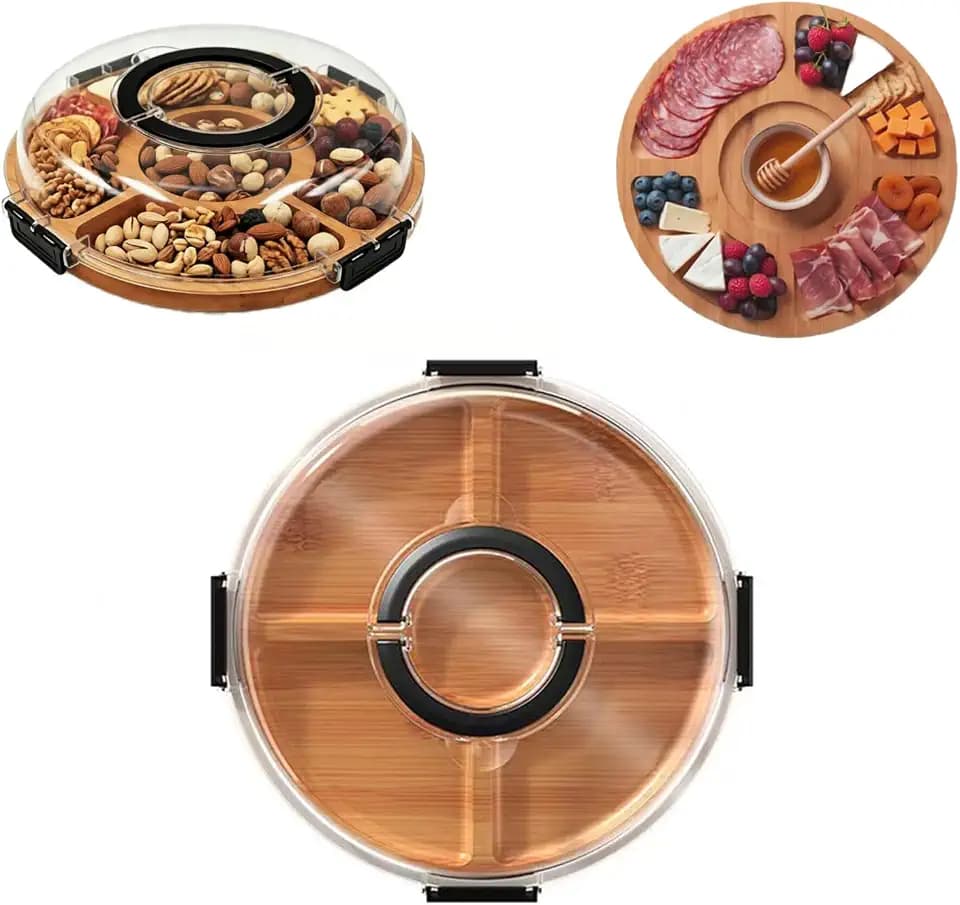 Servierplatte Mit Deckel, Bambus Servierbrett & Käsebrett mit Deckel für Snack Käse Antipasti, Rund Käseplatte Servierbrett Küchenbrett, Tragbare Servierplatte Rund für Picknick, Charcuterie Board