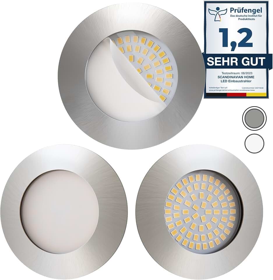 Scandinavian home 3er Set LED Einbaustrahler 230V 4,5W Warmweiß 60mm - 70mm I Badezimmer geeignet I CRI 90 500lm 3000K 68mm I Edelstahldesign mit Milchglas I LED Spot Deckeneinbauleuchte flach