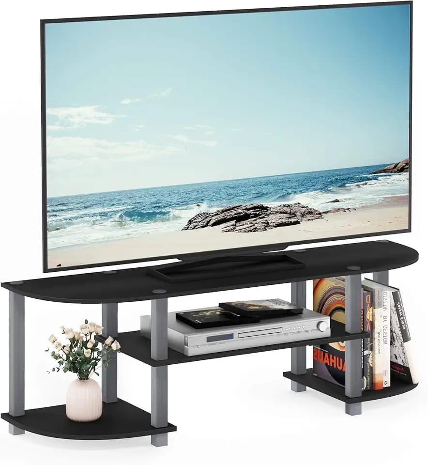 Furinno Turn-S-Tube TV-Ständer für TVs bis 55 Zoll, Schwarz | Werkzeugloses Entertainment-Center mit offenen Ablagefächern, Medienkonsole mit Soundbar-Ablage für Wohn- und Schlafzimmer