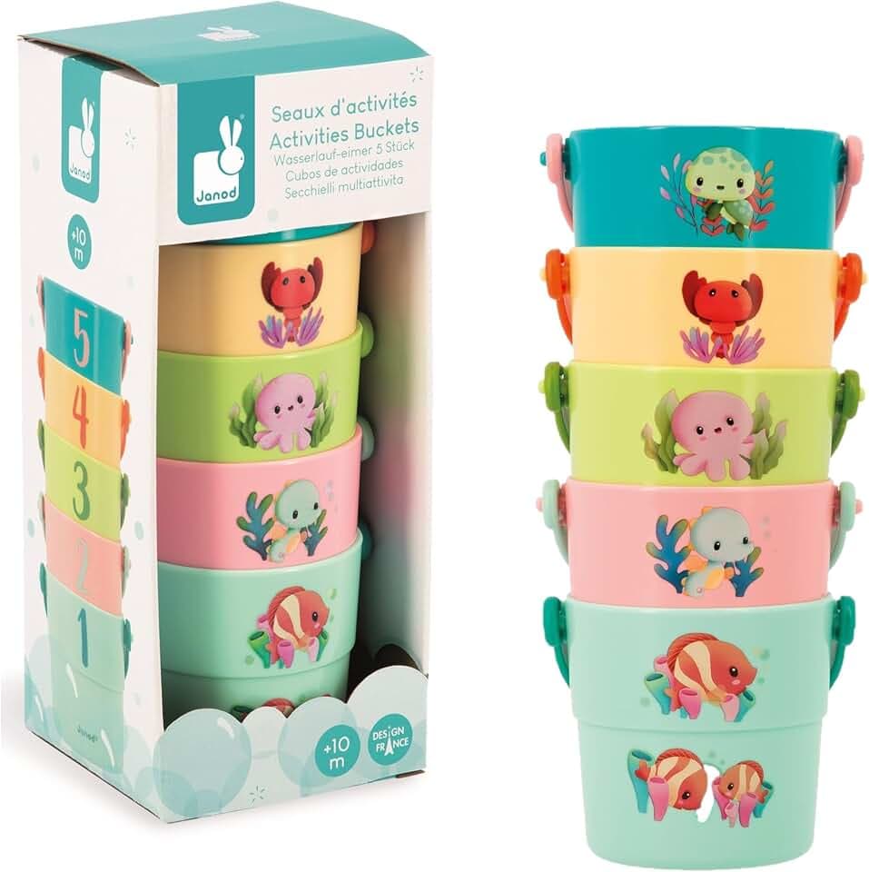Janod – 5 Bade-Aktivitätseimer – Baby-Badespielzeug – Frühentwicklungsspiel mit Meerestieren – Ab 10 Monaten – J04722