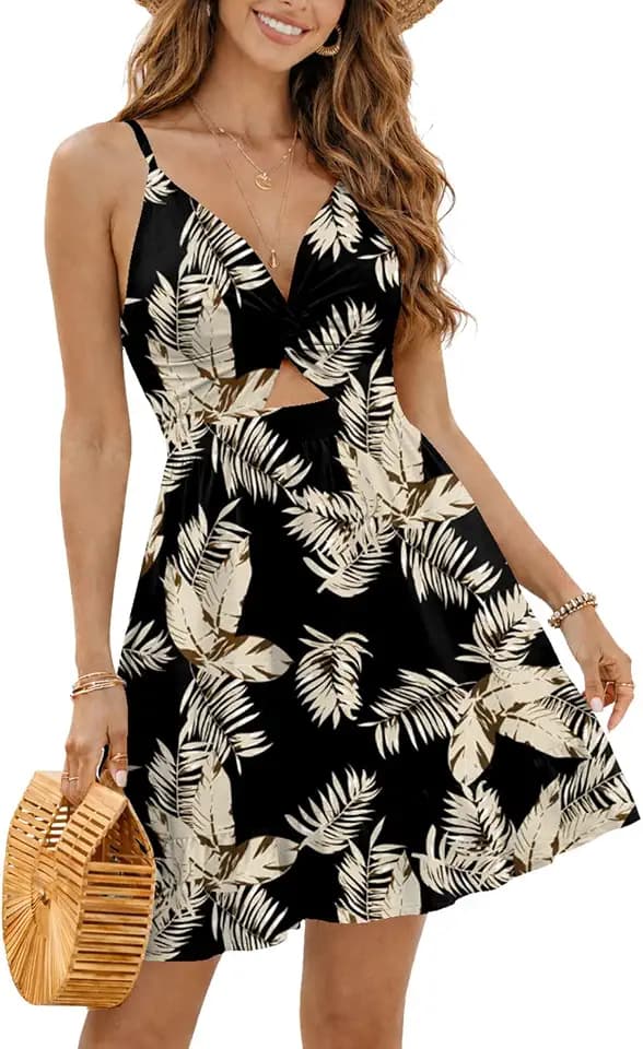 IHOT Women's Summer Floral Sundress V Neck Spaghetti Strap Twist Front Cutout A-Line Ruffle Hem Casual Beach Vacation Dress