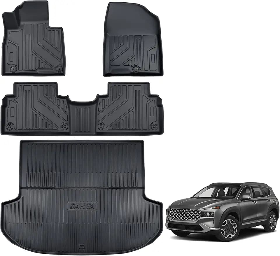 TPE Floor Mats & Cargo Liner for Hyundai Santa FE 2021 2022 2023 (Not for Hybrid) All-Weather Protection | Full Coverage | Odorless Car Mats & Trunk Tray Custom Fit Set Accessories - Black