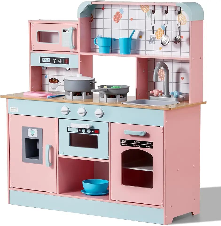 VEVOR Wooden Play Kitchen Toy, Play Kitchen for Kids with Lights and Sounds, Toddler Kitchen with Ice Maker, Oven, Sink, Microwaves, Fridge and Utensil and Fruit Accessory for Toddlers, Pink