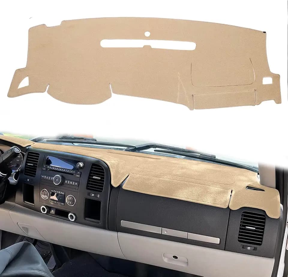 Dashboard Cover for GMC Sierra and Chevrolet Silverado- Fits 2007-2013 Models with Two Glove Boxes. Custom Fit Dash Mat, Won't Break Dash Sensors(Premium Carpet, Beige)