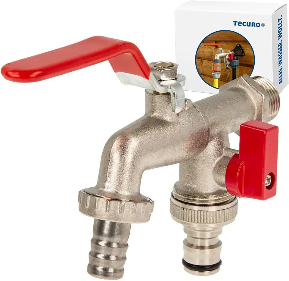 tecuro - Garten Wasserhahn - Doppel Auslaufhahn - Kugelauslaufventil, Wandanschluss 1/2 Zoll mit Sechskant, mit 2 Abgängen 3/4 Zoll bzw. Steckanschluss, Messing, matt verchromt