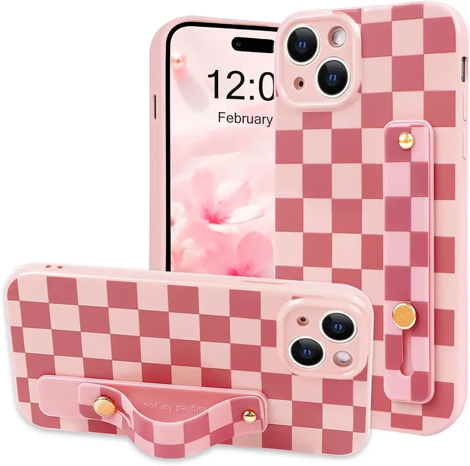NITITOP for iPhone 15 Plus Case with Strap Plaid - Pink