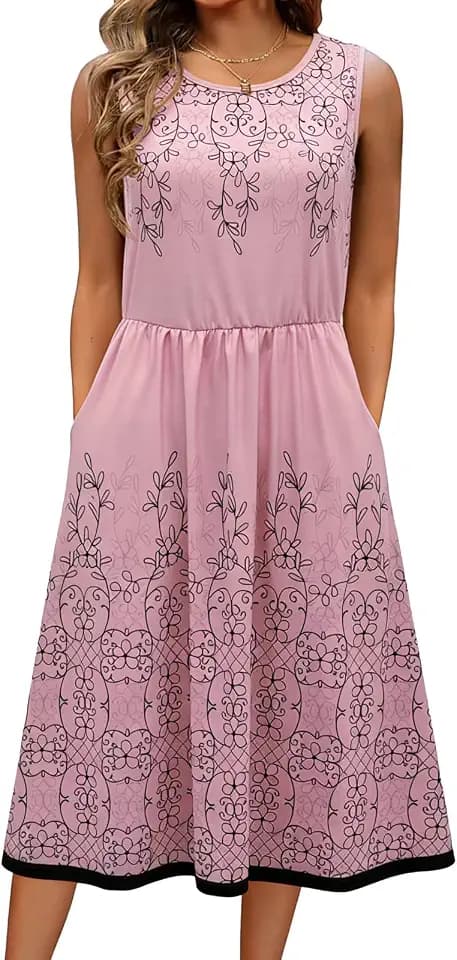 Damen Sommerkleid Ärmellos Rundhals Elegant Blumenkleid Freizeitkleider A Linie Midi Tank Kleider Kleid mit Taschen Strandkleid