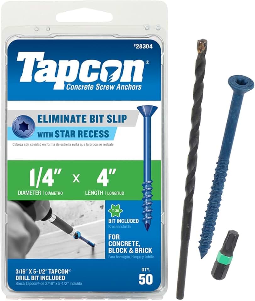 Tapcon 1/4 x 4 Inch Blue Climaseal® Star Head Concrete Anchors, 50 PCS, Corrosion Resistant Coating, Heavy-Duty Concrete and Masonry Screws, Superior Holding Strength, Drill & T-30 Bit Included