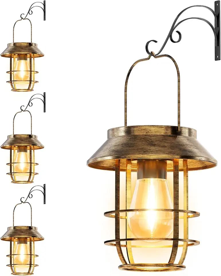 4 Pack Solar Lanterns Outdoor Waterproof, Metal Hanging Lantern, Bronze