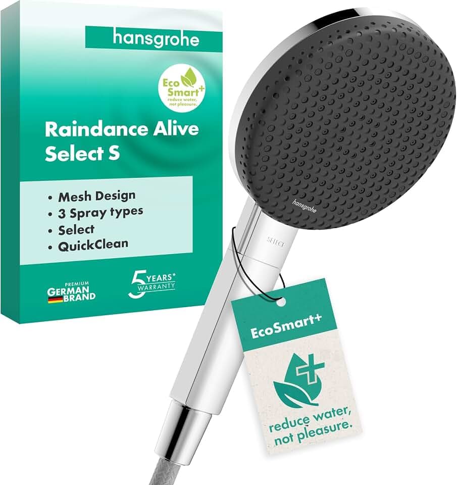 hansgrohe Raindance Alive Select S - wassersparender Duschkopf 5,7 l/min (EcoSmart+), Handbrause mit 3 Strahlarten (inkl. PowderRain), Duschbrause, Sparduschkopf mit Antikalk-Funktion, Chrom, 24512000