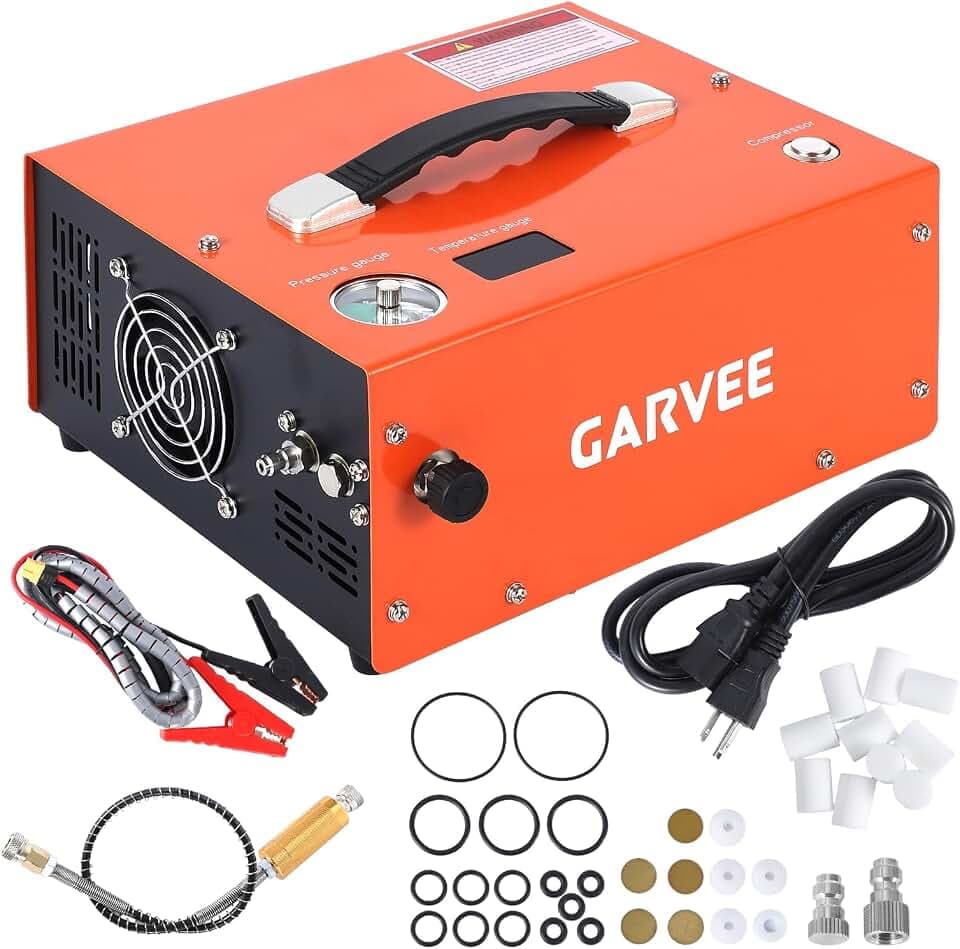 PCP Air Compressor, 4500PSI/30Mpa, 350W Oil-Free Fast Fill Pump with Auto Shut-Off, Dual Power 12V DC & 110V/220V AC, Portable Air Pump for Airguns, Air Rifle, Paintball, HPA Tanks(Compact)