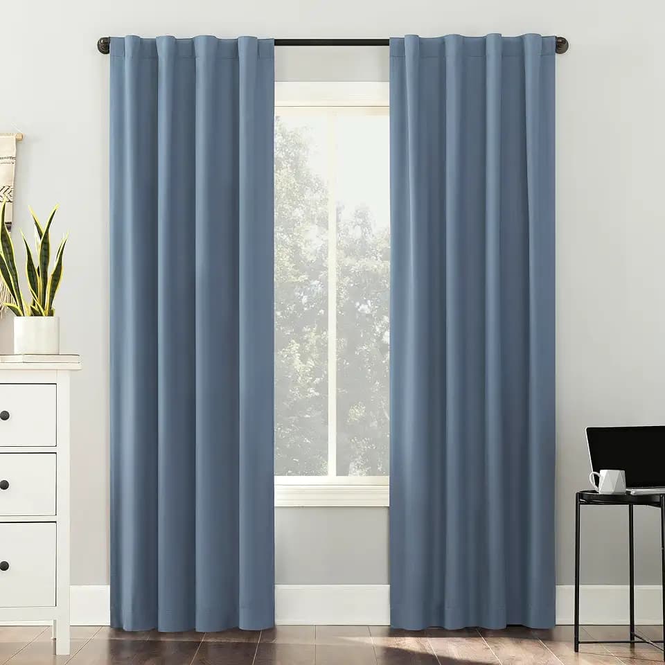 Sun Zero Cyrus 2-Pack Thermal 100% Total Blackout Back Tab/Rod Pocket Curtain Panel Pair, Denim Blue, 40" W x 84" L (2 Panels)