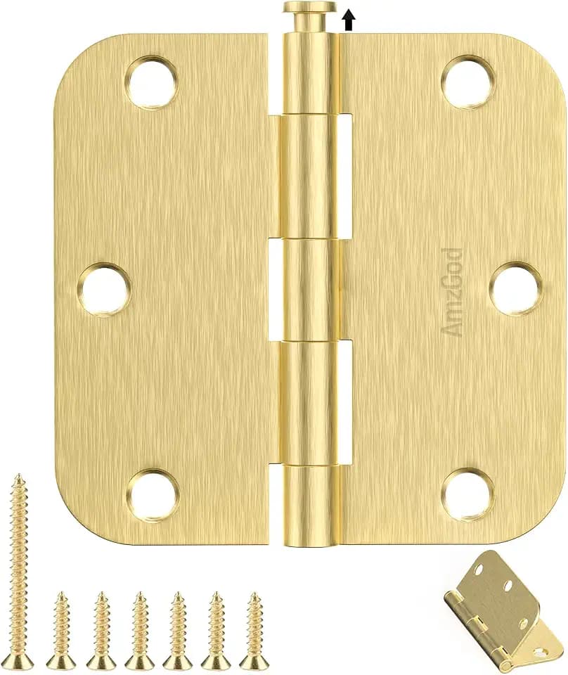 Satin Brass Door Hinges - 12 Pack Gold Door Hinges 3.5 Inch Rounded Interior Door Hinge with 5/8" Radius - 3 1/2 Inches Flat Iron Brass Hinges for Residential Standard Doors