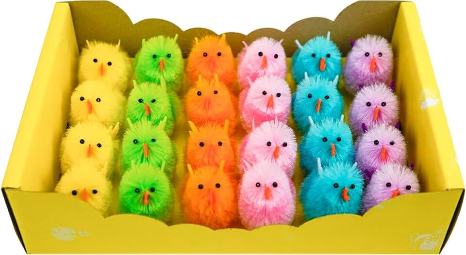 Pack of 24pcs, 2.24" H Easter Chenille Chicks Fluffy Fully Rainbow Chicks Easter Party Supplies Decoration Big Size