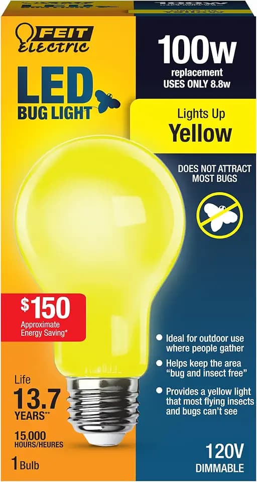 Feit Electric A19 Outdoor LED Bug Light, 100-Watt Equivalent, Dimmable LED Light Bulb, E26 Medium Base, 800 Lumens, 120V, 13 Years Lifetime, Yellow, Pack of 1, A19100/BUG/LED
