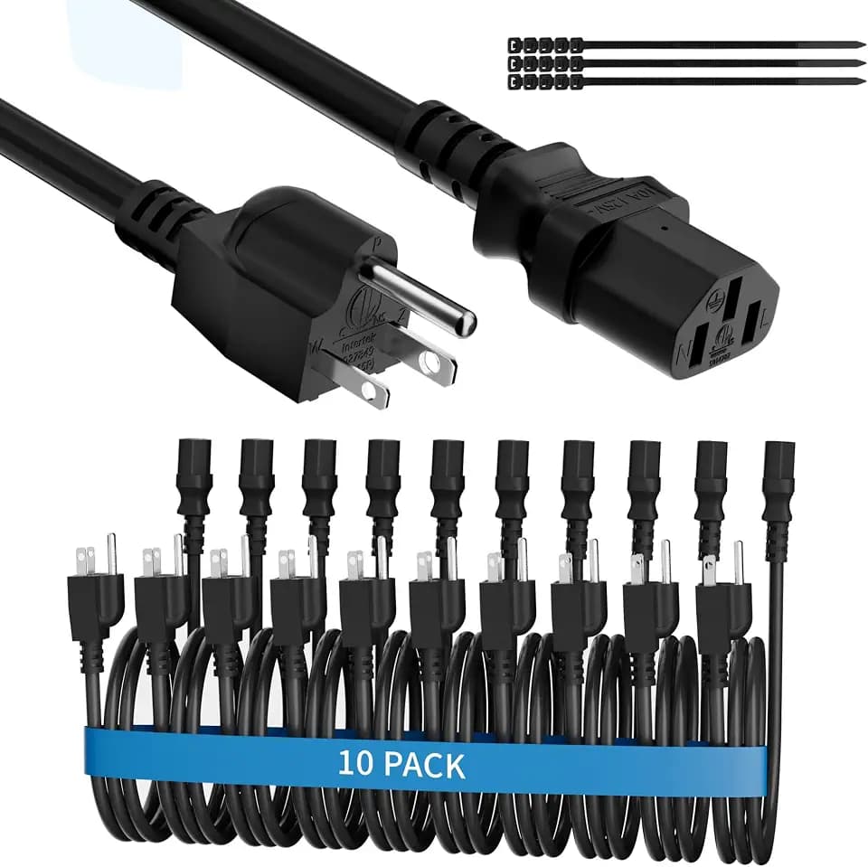 Adoreen Computer TV Monitor Replacement Power Cord 1 Ft/10 Pack, 3-Prong AC Universal Power Supply Cable 5-15P to IEC 320 C13 C14, SJT 18AWG 10A/125V for Treadmill Printer,PC,Desktop+Ties-ETL-Black