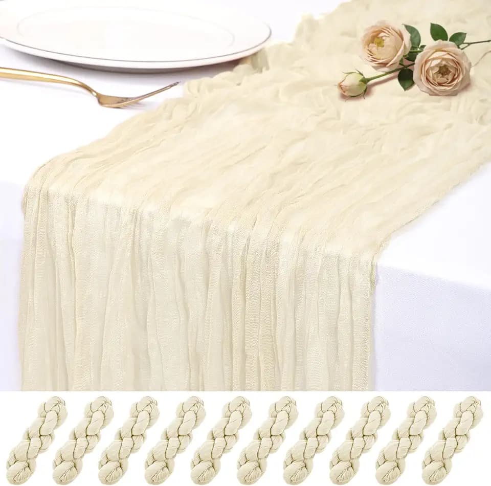 10 Pack Ivory Cheesecloth Table Runner 17x108 Inch Semi Sheer Boho Rustic Gauze Cheese Cloth Table Runners for Wedding Party Birthday Baby Shower Home Décor