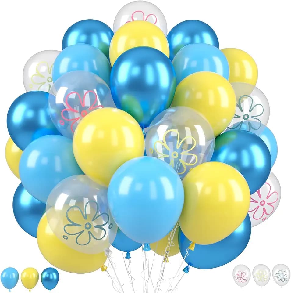 Blue and Yellow Balloons 50PCS 12 Inch Flower Print Metallic Balloons