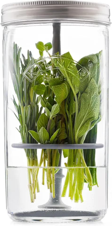 Kilner Kräuterbehälter-Set, hält Kräuter bis zu 3 Wochen frisch, 1 l Weithalsglas mit Edelstahldeckel und Silikonheber, einfach zu bedienen für hausgemachte oder im Laden gekaufte Kräuter, Rezeptheft