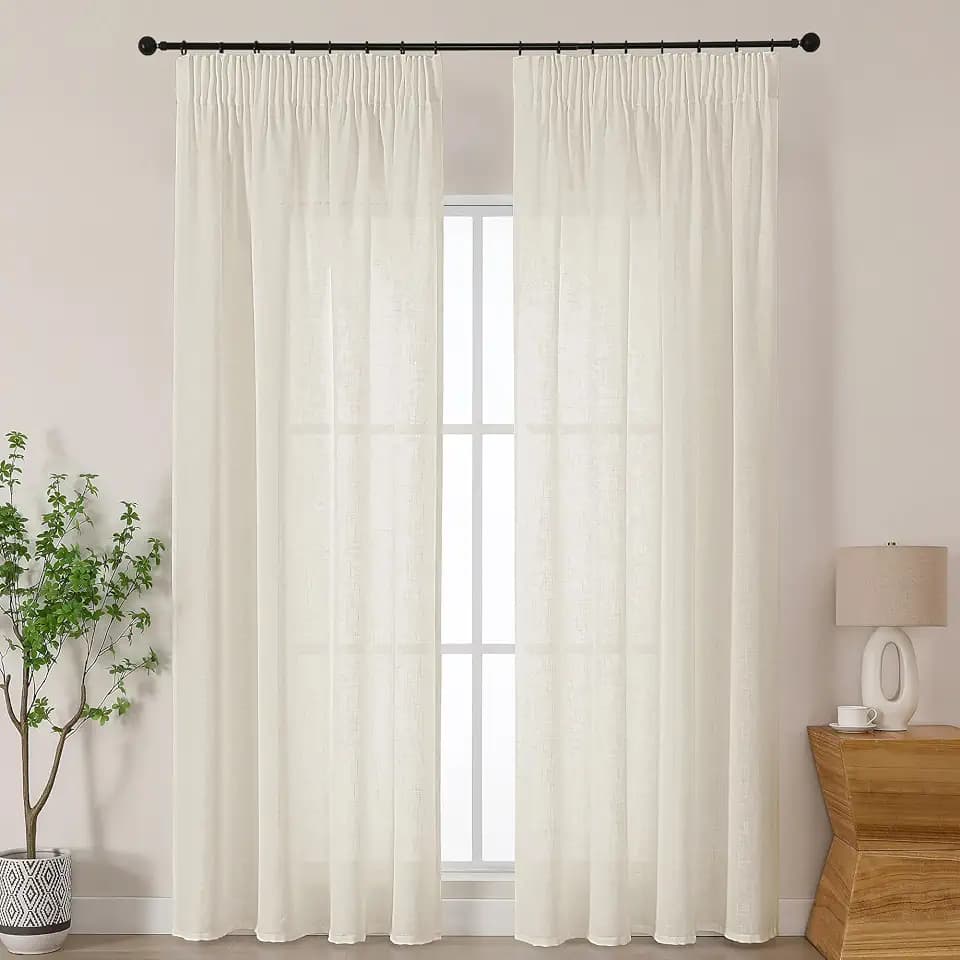 Simplebrand Vorhänge Leinen Kräuselbandvorhang Leinenoptik Vorhang Boho Gardine mit Kräuselband Semi-transparent Leinenvorhang Gardinen Bohren Curtains 2er Set für Schlafzimmer Beige HxB 229x140 cm