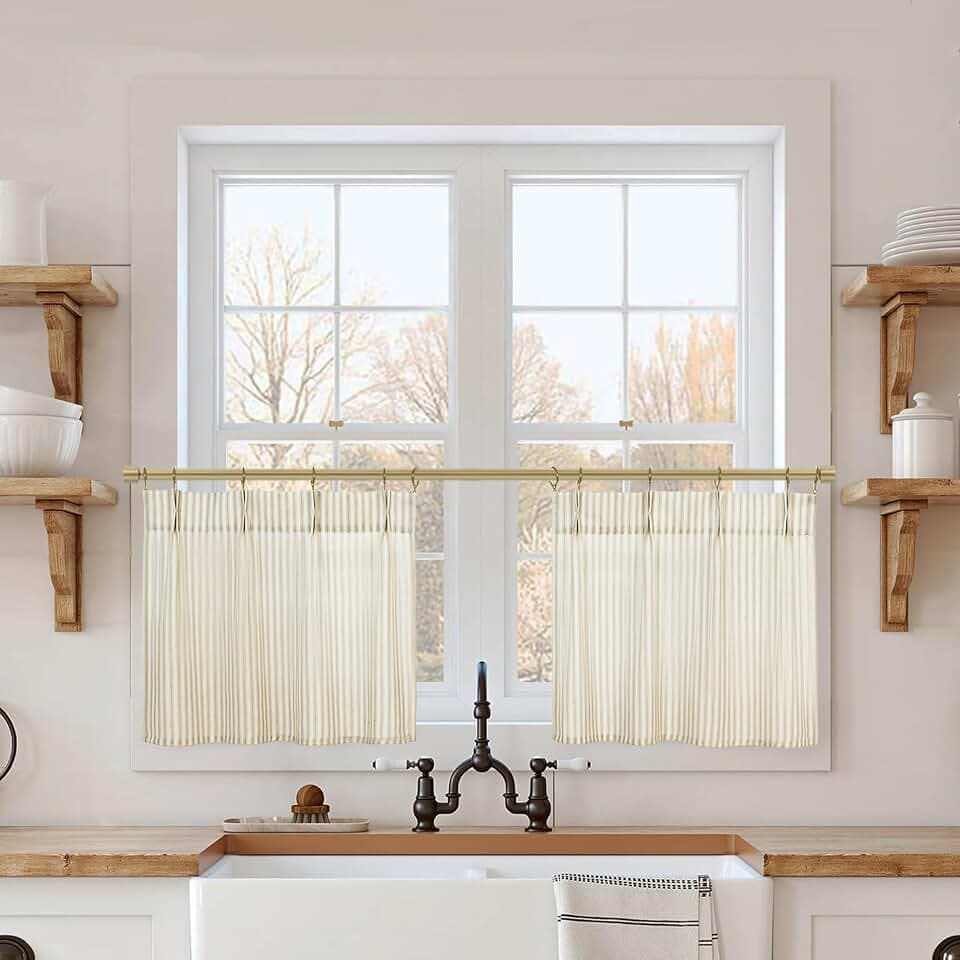 15 Inch Curtains Length,Cafe Striped Linen Farmhouse Sheer Small Window Curtains for Kitchen Bathroom,24 x 15 Inch Long 2 Panels Set