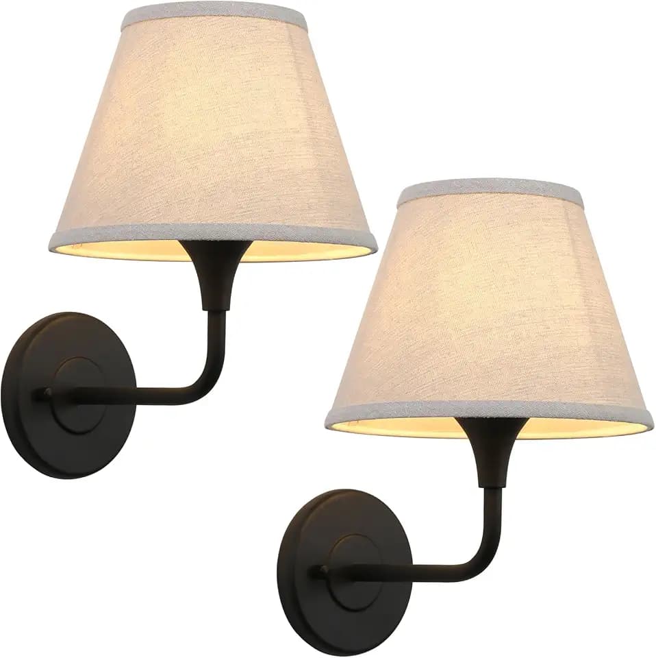 PERMO Black Wall Sconces Set of 2 Hardwired Fabric Sconce with White Lampshade Set of Two Wall Light for Living Room Bedroom Hallway Bathroom Stairs Kitchen