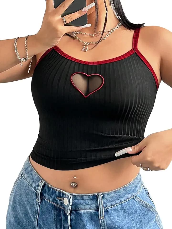SOLY HUX Women's Plus Size Goth Contrast Mesh Cut Out Cami Crop Top