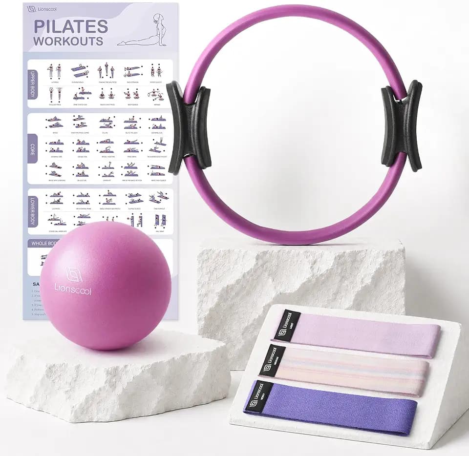 LIONSCOOL Pilates Ring Set 14" Magic Circle, 9" Mini Ball, Resistance Bands