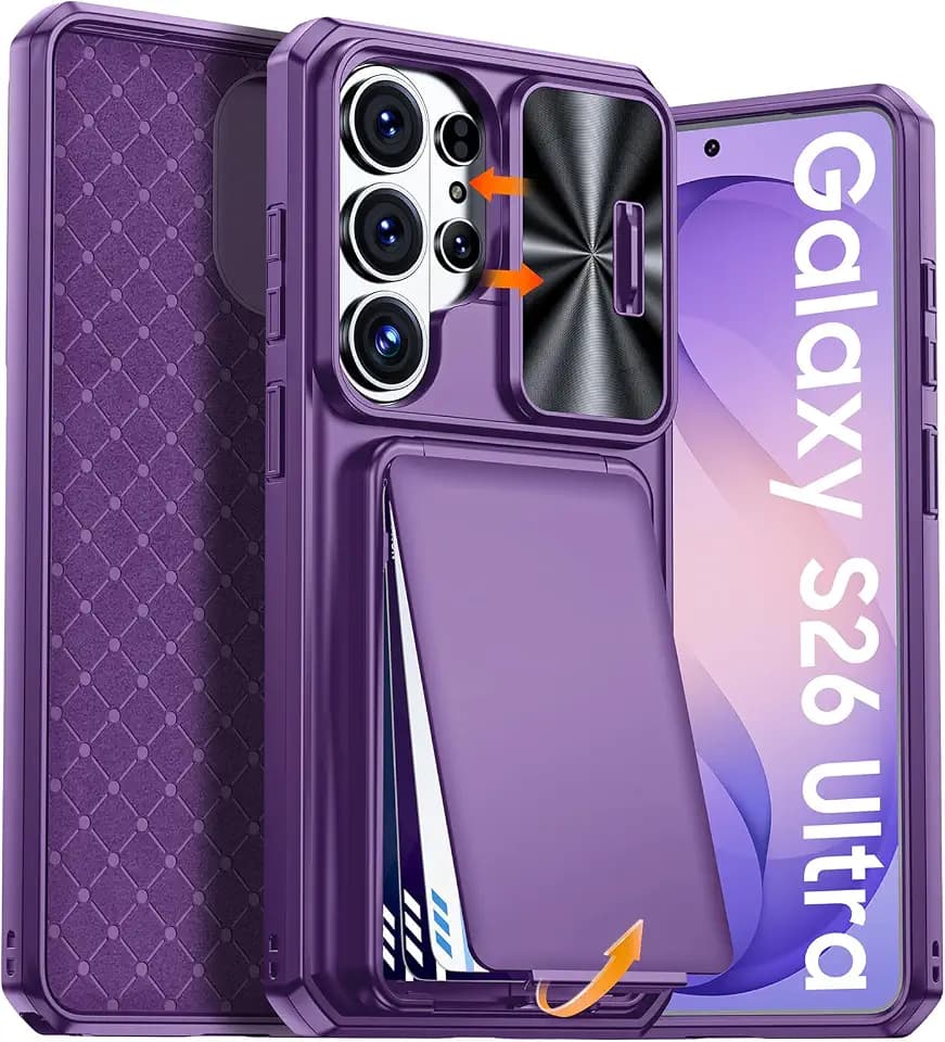 for Samsung Galaxy S26 Ultra Case Wallet with RFID Blocking, Card Holder, Slide Camera Lens Cover, Silicone Edge Raised, Rugged Heavy Duty Phone Cover Case for S26 Ultra, 2026, Purple
