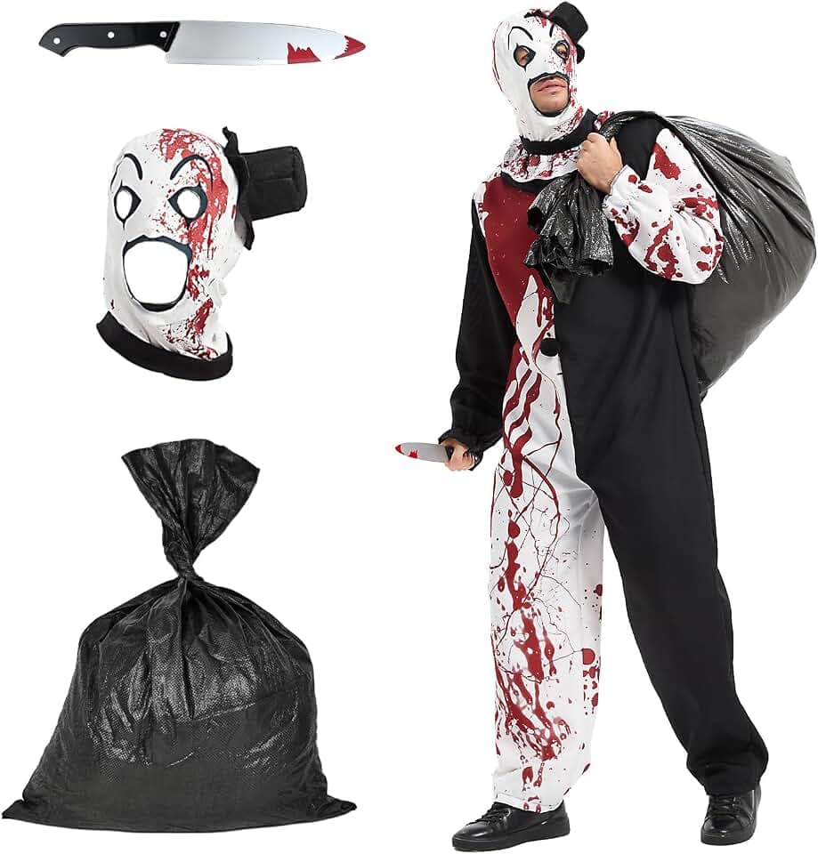 Ulikey Art Clown Kostüm, Halloween Kostüm Herren Horror Clown, Kostüm Killer Set mit Hut Dolch Schwarze Große Tasche, Schwarz Weiß Jumpsuit, Terrifier Clown Cosplay Halloween Karneval Party