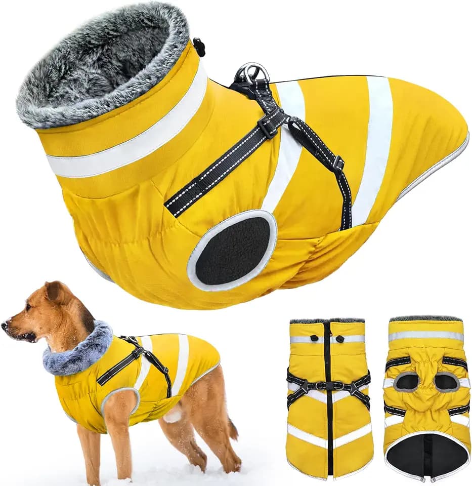 wasserdichte Hundemäntel, Winter Warme Hunde Jacken Reflektierende Haustier Kleidung Hund Kalte Wetter Mäntel Gemütliche Schnee Anzug Jacke Weste für kleine mittlere große Hunde (Gelb, 4XL)