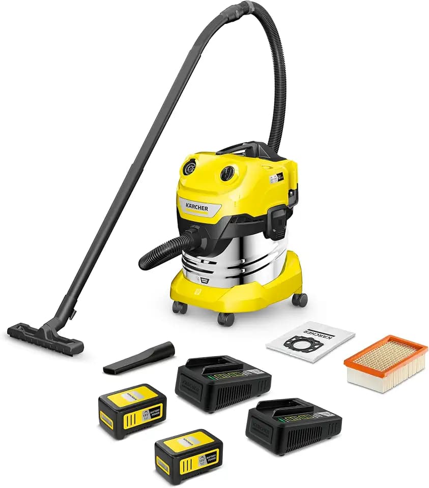 KÄRCHER Akku-Nass-/Trockensauger WD 4-18 S Dual Battery Set, 36-V-Motor, Edelstahlbehälter: 20 l, Blasfunktion, Flachfaltenfilter, Vliesfilterbeutel, Saugschlauch: 2,2 m, Bodendüse, mit Akku