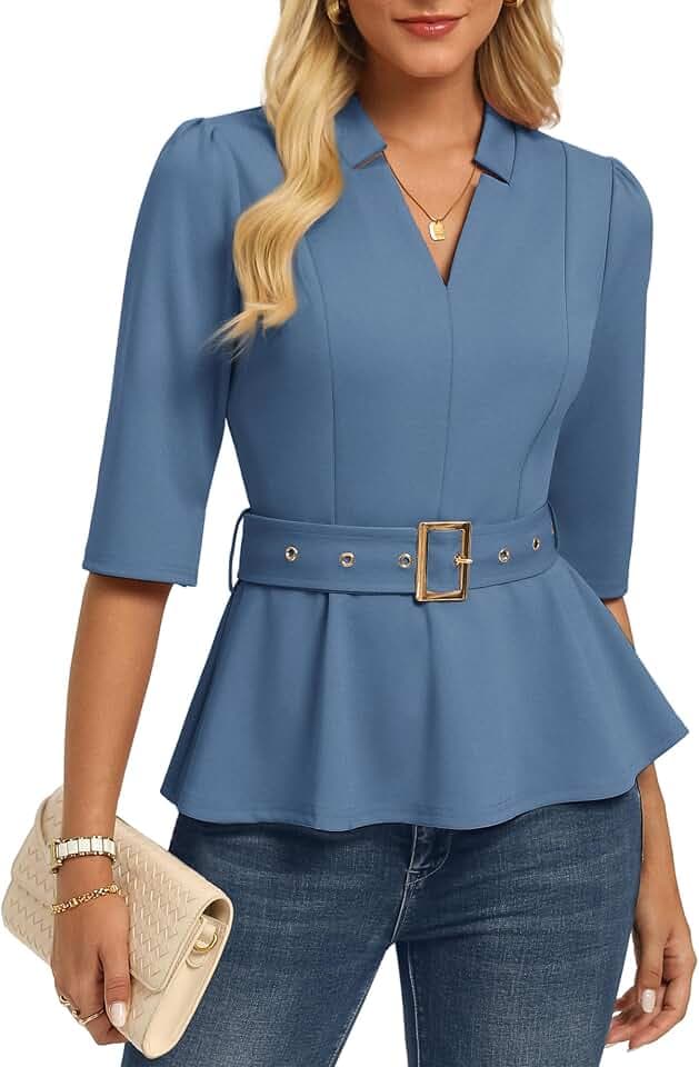 GRACE KARIN Damen Bluse 3/4 Ärmel Peplum Tops Elegant Work Oberteil Gürtel