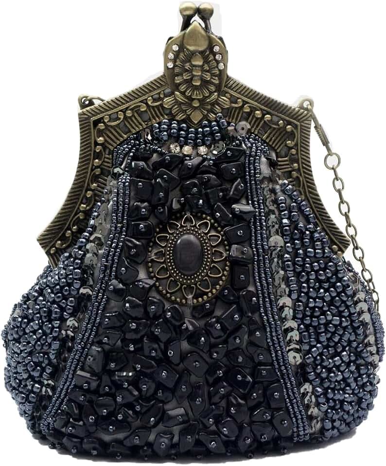 CORIOS Vintage 1920s Abendtasche Damen Floral Clutch Tasche Handgemachte Perle Handtasche Elegante Schultertasche Kette Umhängetasche Klein Tasche für Hochzeit Abschlussball Bankett-Party Dunkelgrau