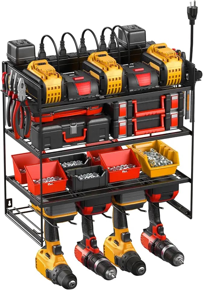 JUNNUJ Power Tool Organizer with 10 Outlet Power Strip, 4 Layer