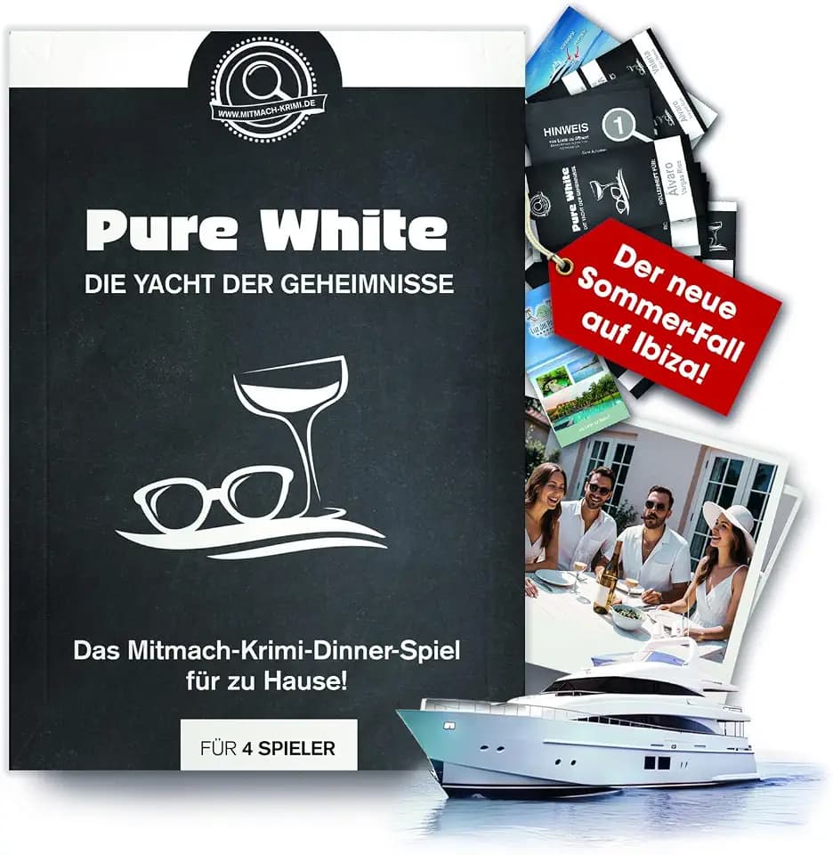 Krimidinner für 4 Personen – Pure White: die Yacht der Geheimnisse – Rollenspiel mit spanischem Flair (auf Ibiza) – BBQ – Sommerspiel Geschenk für Freunde – Abend mit Freunden