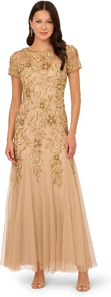 Adrianna Papell Women's Beaded Gown with Godets - Floor Length Gown with Floral Embellishments & Cap Sleeves