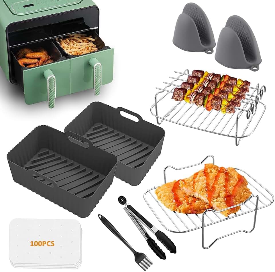 9 Teiliges Set Heißluftfritteuse Zubehör für Nin ja AF400EU AF300EU Dual Zone Air Fryer 7.6L-9.5L Doppelkammer Airfryer Accessories Luftfritiereinsätze BPA-frei Silikon Edelstahl Zubehör