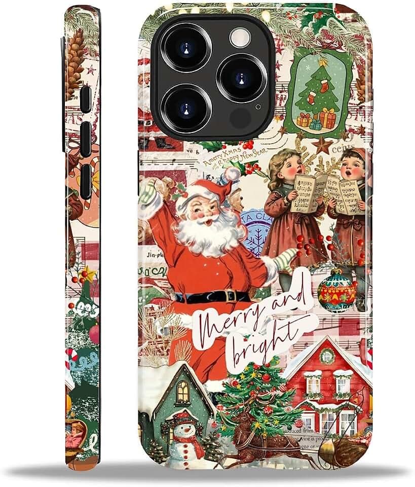 for iPhone 15 Pro Max Case, Shockproof 2-in-1 Double Protective Cover for Women Girls Men Boys, Anti-Scratch Stylish Phone Case Aesthetic, Vintage Christmas Collage