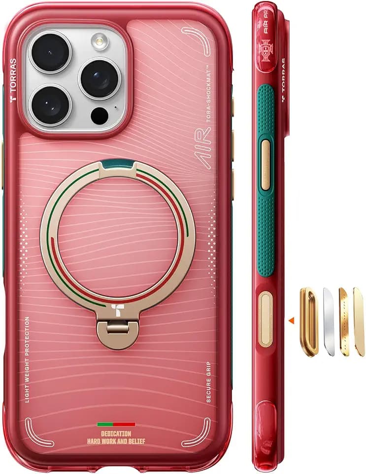 TORRAS World Cup Inspired, Official Portuguese Football Federation Limited Edition, Ostand Q3 Air for iPhone 16 Pro Max Case, 360 Magnetic Stand, Fit for MagSafe, Mil-Grade Drop Tested, Wave Passion