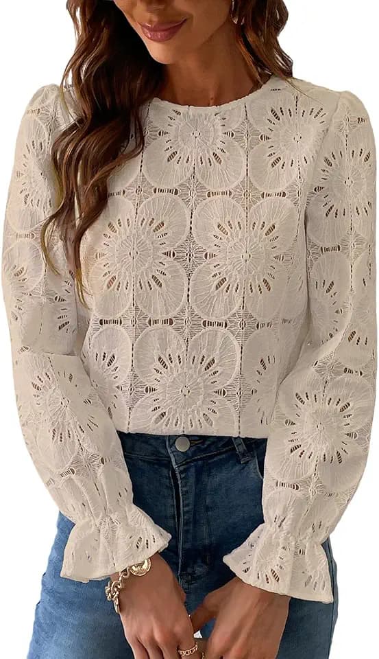 CUPSHE Bluse Damen Elegant Langarm Rüschen Rundhals Lochstickerei Oberteil