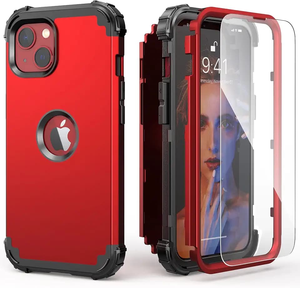 IDweel for iPhone 15 Case with Tempered Glass Screen Protector, 3 in 1 Shockproof Slim Hybrid Heavy Duty Hard PC Cover Soft Silicone Bumper Full Body Case,Red