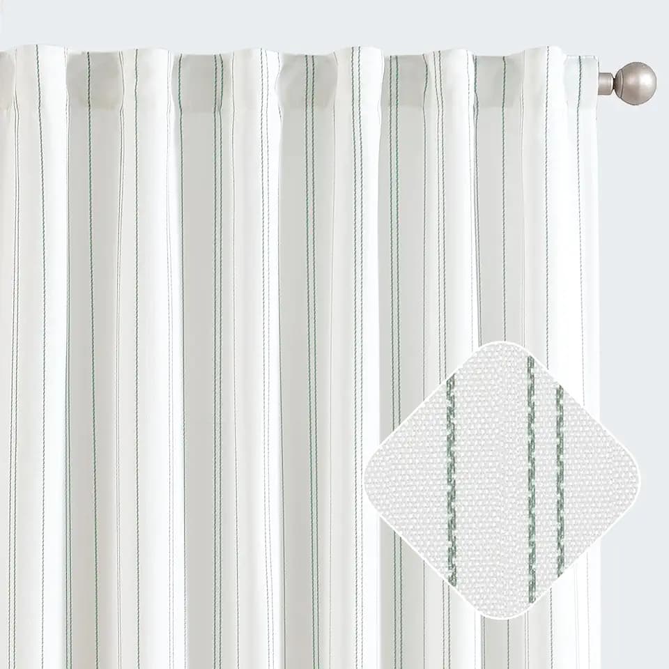 jinchan White Curtains 84 Inch Green Striped Drapes Back Tab 2 Panels Set
