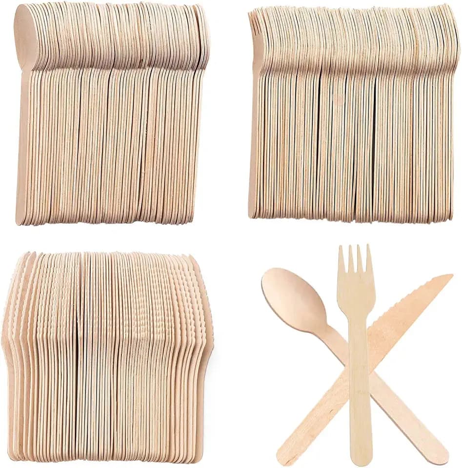 Einweg Holzbesteck, 300 Stück (100 Messer, 100 Gabeln, 100 Löffel), biologisch abbaubar, für Partys, Camping, Hochzeiten