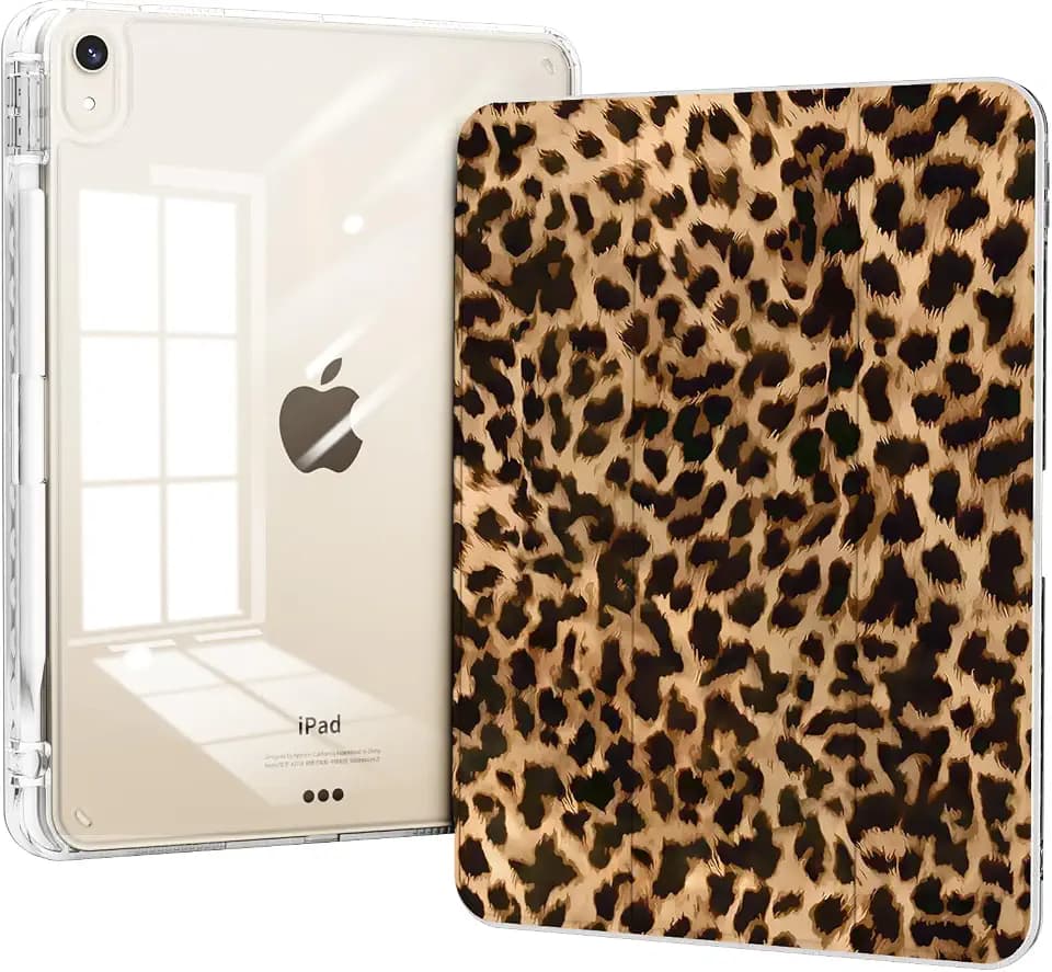 for iPad Air 11 Inch Case M4 (2026)/ M3 (2025)/ M2 (2024), iPad Air 10.9" 5th/4th Generation Case 2022/2020 with Pencil Holder, Slim Trifold Stand Clear Back Cover, Brown Cheetah