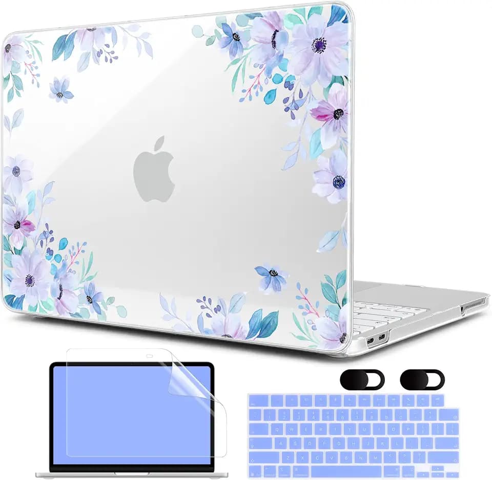 MEEgoodo 4-in-1 Printed Case for MacBook Neo 13 inch 2026 Release Model A3404, Laptop Hard Shell Cases with Keyboard Skin & Screen Protector & Webcam Covers, Soft Purple Floral
