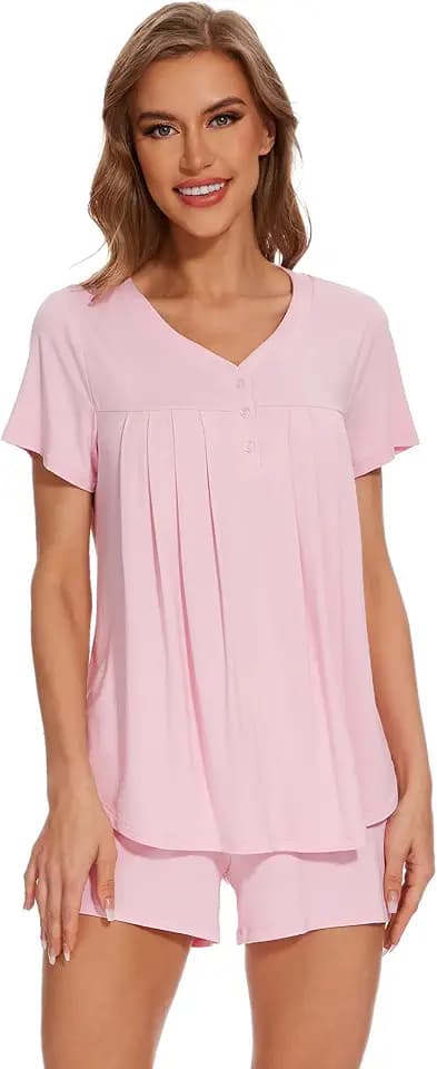 WiWi Damen Bambus-Pyjama-Set, Oberteil mit Shorts, Pyjama-Set, Nachtwäsche, kurze Ärmel, Übergröße, Größe S-4X
